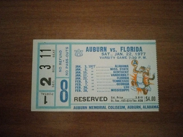 1977 Auburn University Tigers vs Florida Basketball Game Day Ticket Stub