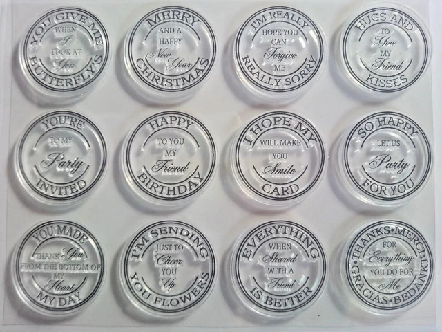 12 Clear Round Topper Sentiment Ink Stamps Birthday Party Friend Hugs Cardmaking