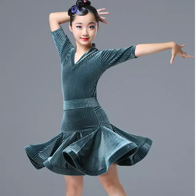 Bambine Ragazze Ruffles Velluto Costume da Ballo Danza Latino Tango Festa Palco