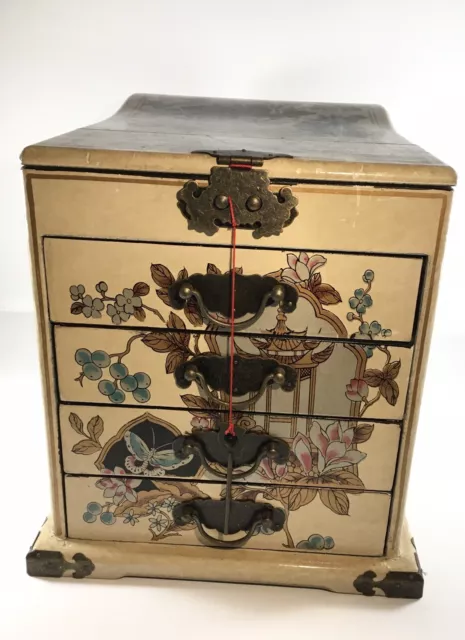 Rare VTG  Asian Oriental Chinese Early 20th Century Jewelry Box W/Draws &Mirror