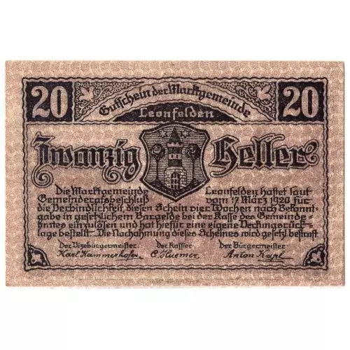 1920 Austria Notgeld Leonfelden 20 Heller Note (M284)