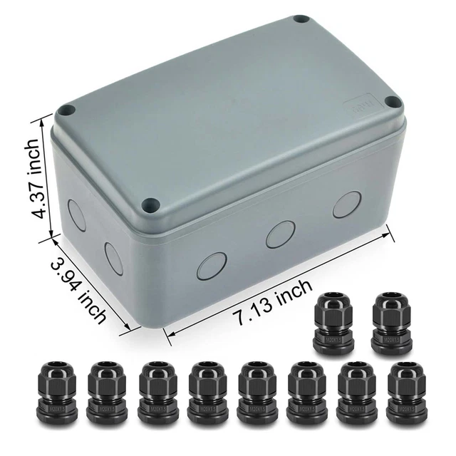 Waterproof Junction Box ABS Plastic Electrical Enclosure Case w/ 10 Cable Glands