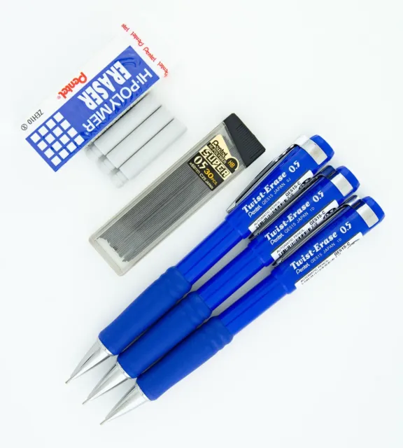 Pentel Twist-Erase Mechanical Automatic Pencils 0.5mm Erasers & Leads Lot Blue