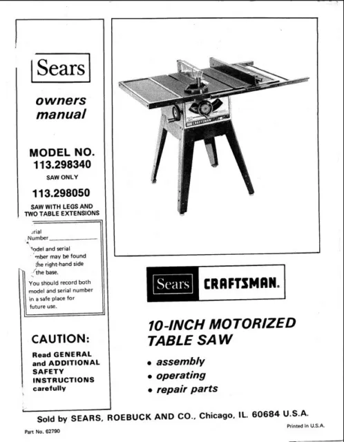 Owner's Manual & Parts List for Sears Craftsman 10” Table Saw - Model 113.298340