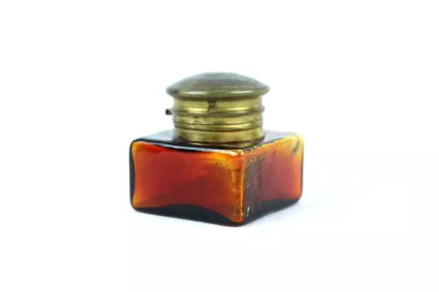 Vintage Amber Glass Ink Pot: Brass Fitted Cap, Small Collectible Inkwell