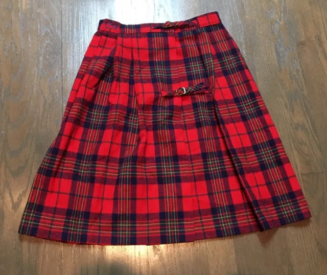 Vtg IZOD Lacoste Red TARTAN PLAID+CHECK Gold Buckle KILT School Girl Skirt 24"