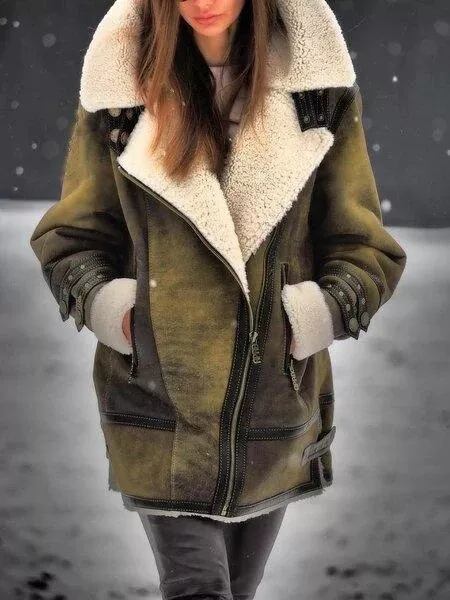 Womens Fleece Lined Faux Suede Lapel Collar Loose Outwear Winter Warm Midi Coat