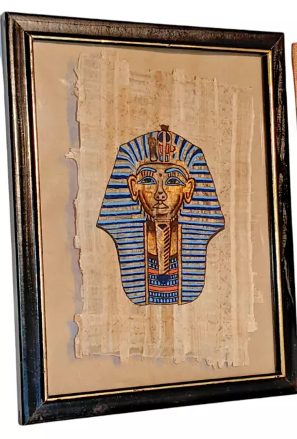 Unique Framed PHARAOH KING TUT Hand Painted on Old Papyrus from Egypt Wall Art