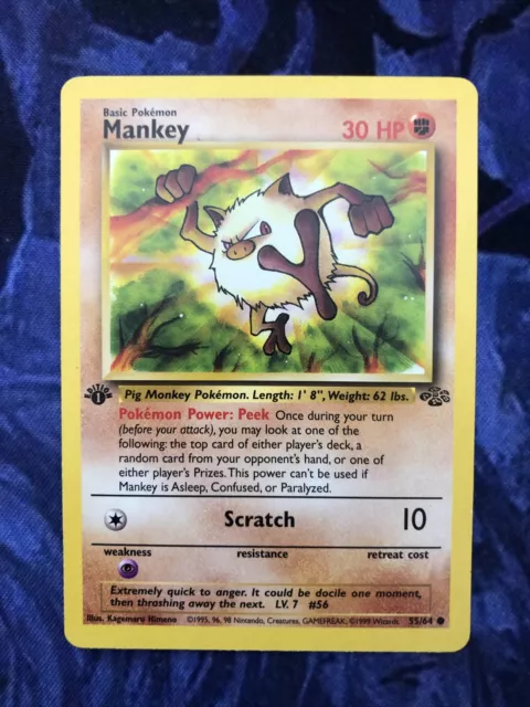 NM Vintage 1999 Mankey 1st Edition Jungle Pokemon Card + Sleeve 55/64
