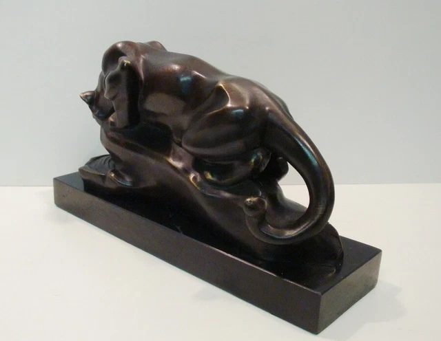 Estatua Puma Fauna Art Deco Estilo Art Nouveau Estilo Bronce sólido Firmado 3