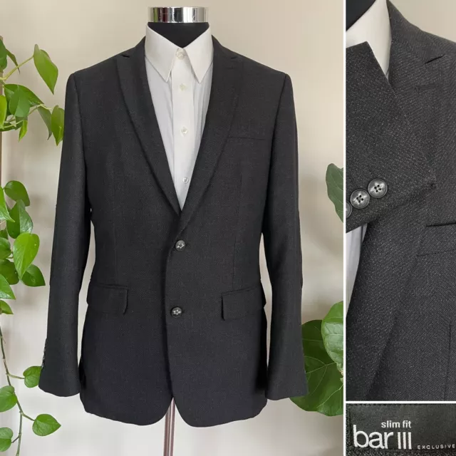 Bar III Mens Two-Button Blazer Poly Blend Charcoal Sport Coat Jacket Size 40R