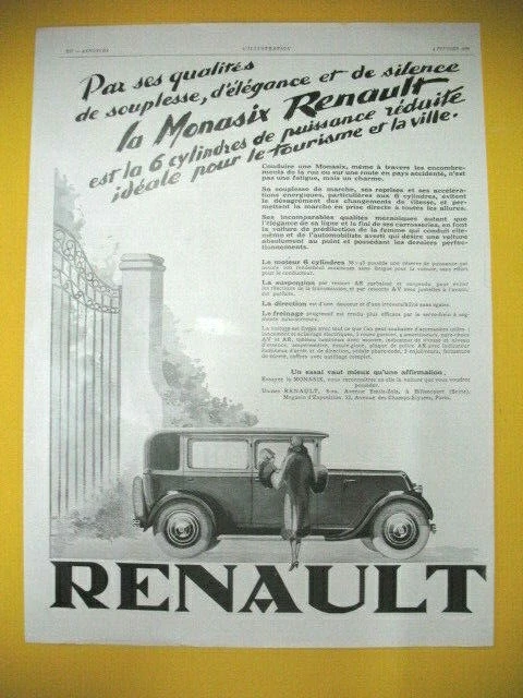 Publicite De Presse Renault Monasix Automobile 6 Cyl. Tourisme Et Ville 1928