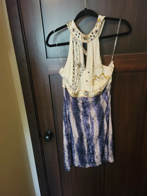 EUC Women's Krista Lee Embroidered Beaded Halter Stretch Knit Dress Size Medium