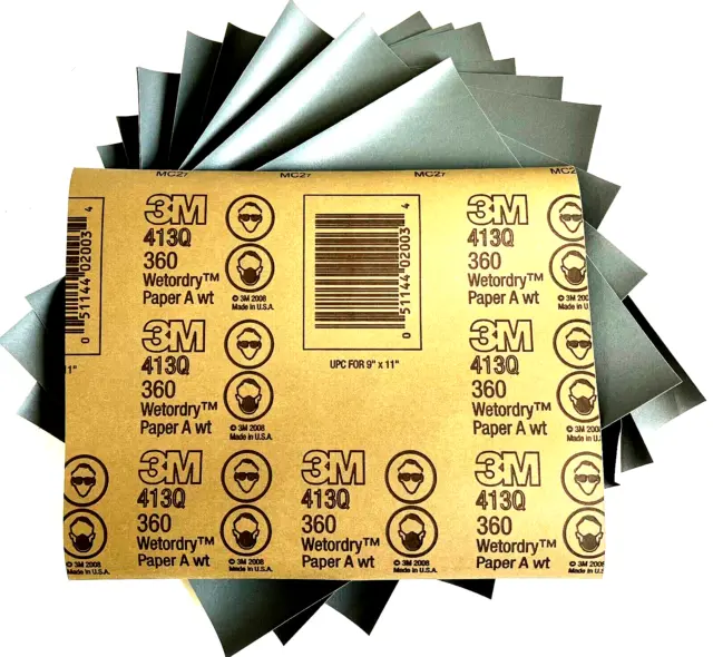 9 x 11" WET OR DRY SANDPAPER SHEETS - 360 GRIT - 3M #02003 - PACK OF 11 SHEETS