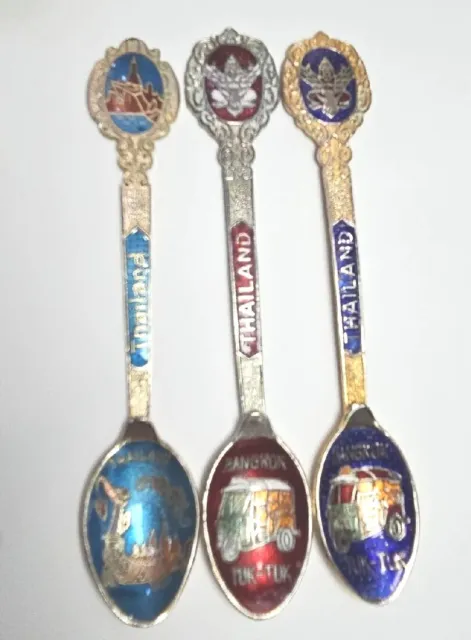 3 Souvenir Spoon Thailand Gold Silver Tone Multicolor Stained Glass Style Enamel