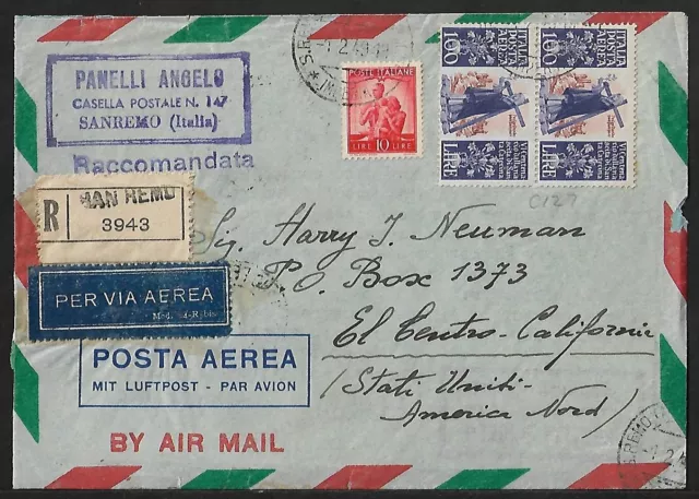 Italy To Us Santa Catarina Air Mail Registered Pair + 1 On Cover 1949