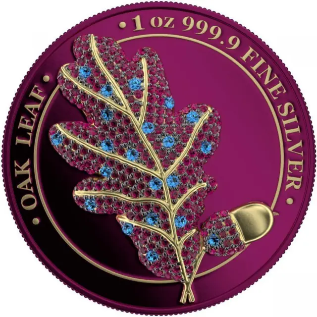 2019 Germany 5 Mark - Bejeweled Oak Leaf - 1 Oz 999.9 Fine Proof Silver Coin