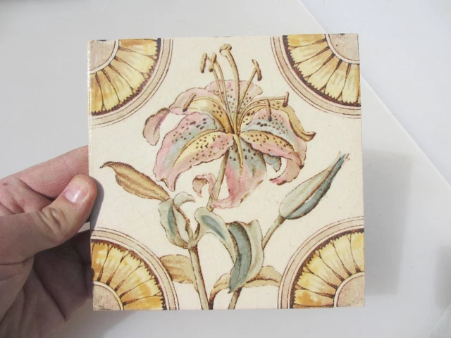 Victorian Ceramic Tile Floral Flowers Leaf Old Antique Art Nouveau Lily "W.E Co"