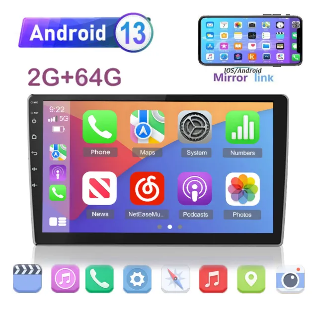 1/2 DIN 10.1" Android 13 Touch Screen Car Radio Stereo GPS Navi Bluetooth 2+64GB