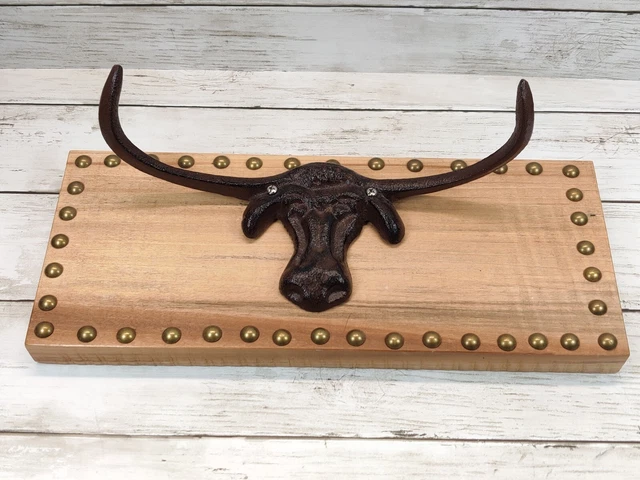 Cast Iron Bull Vintage Western Decor Wall Mount Towel Hat Hook Longhorn Cow