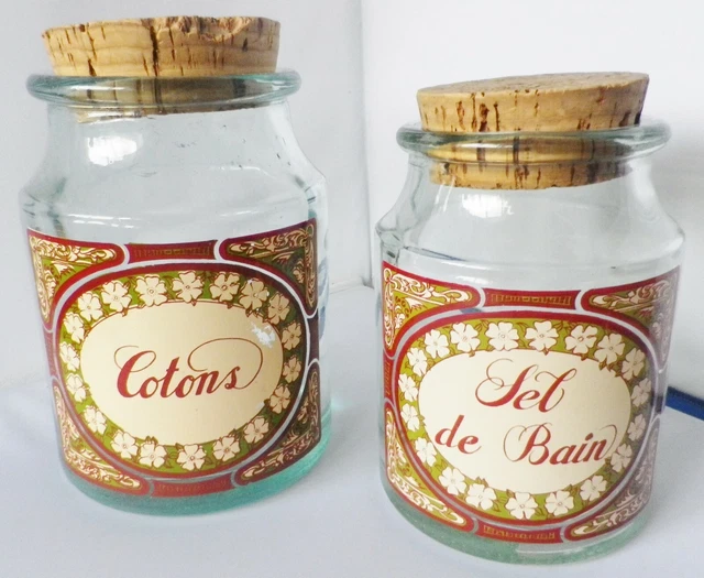 lot de 2 pots vintage en verre bouchon liège contenant sel de bain et coton