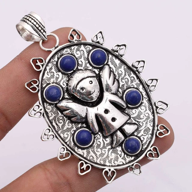 Collana Con Ciondolo Lapislazzuli Naturale In Argento 925 – Pietra Blu Con Riflessi Dorati 3 Cm - 4