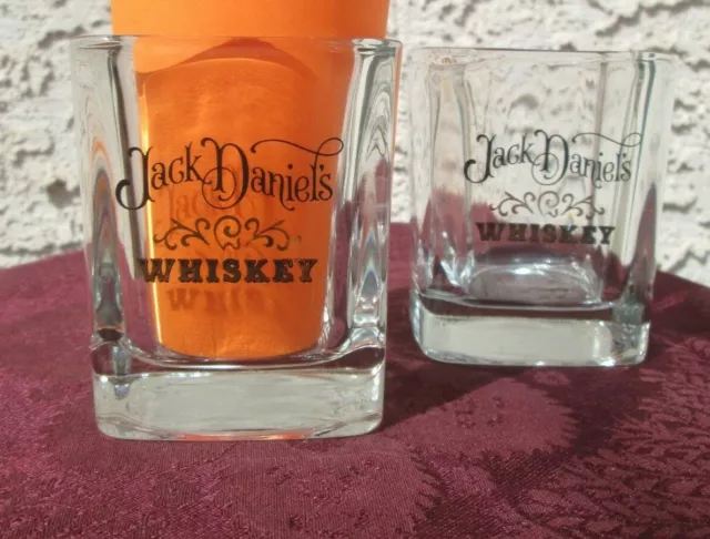 Jack Daniels Whiskey Square 8 Oz Glasses Pair With Black And Gold Logo 2 Glasses