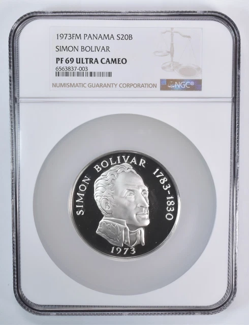 PF69 UCam 1973 FM Panama 20 Balboas Simon Bolivar Silver NGC Brown Lbl *0017