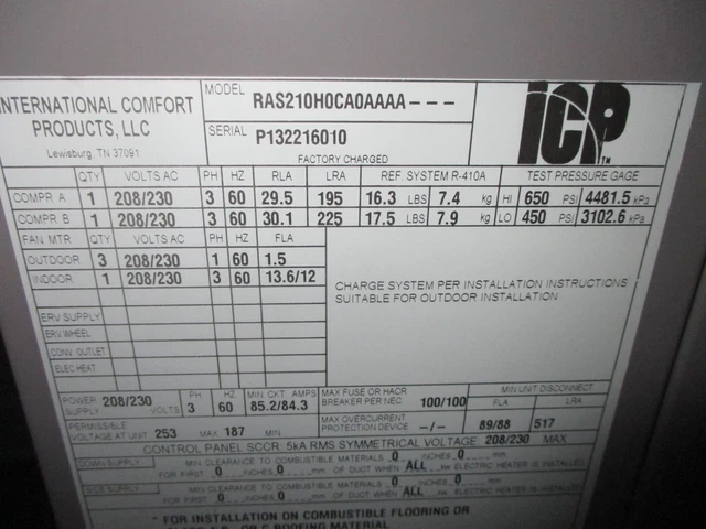 ICP Rooftop Unit RAS210H0CA0AAA 17.5-Ton 208/230V 3Ph 60Hz *No Heat* Used 4