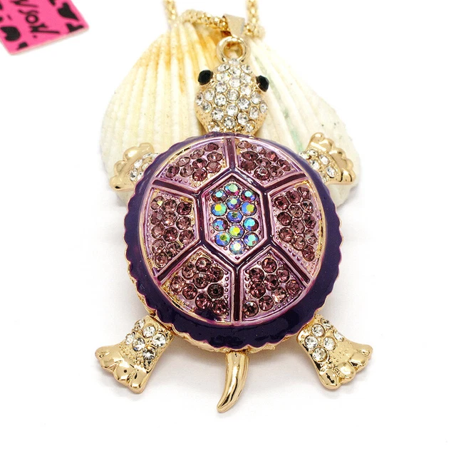Hot Cute Purple Rhinestone Turtle Crystal Pendant Betsey Johnson Chain Necklace