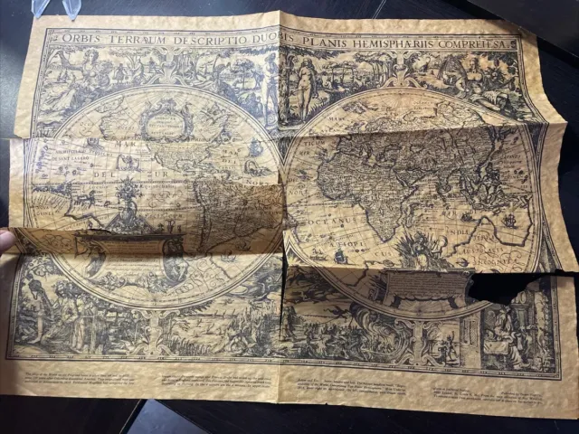Old Authentic 1620 MAP of the WORLD Parchment Paper~ Free S&H Ripped/damaged.