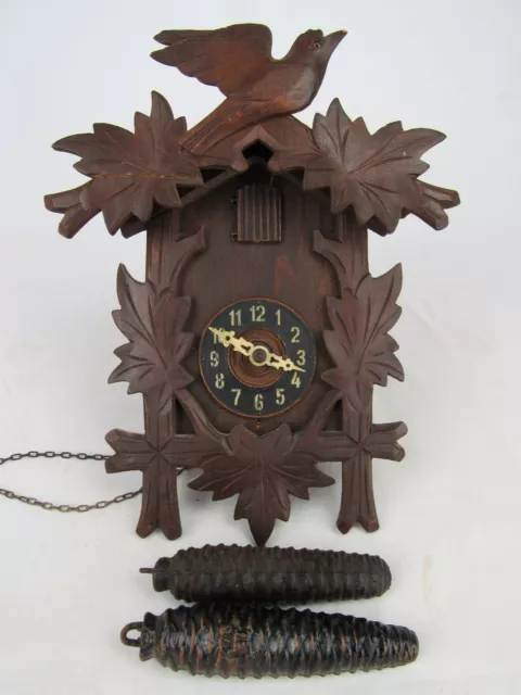 ANTIQUE vintage cuckoo clock GERMANY Black Forest weights OLD GLASS EYE