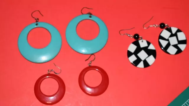 Vintage Lot 3 Pairs French Hook Drop Hoop Earrings Modern Blue Red Black/White