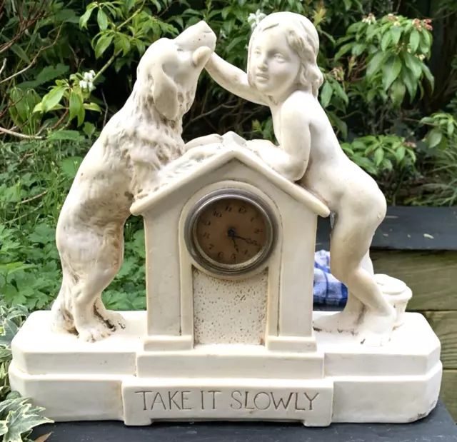 Vintage art deco clock 30s plaster dog kennel spaniel child memorial photo ashes