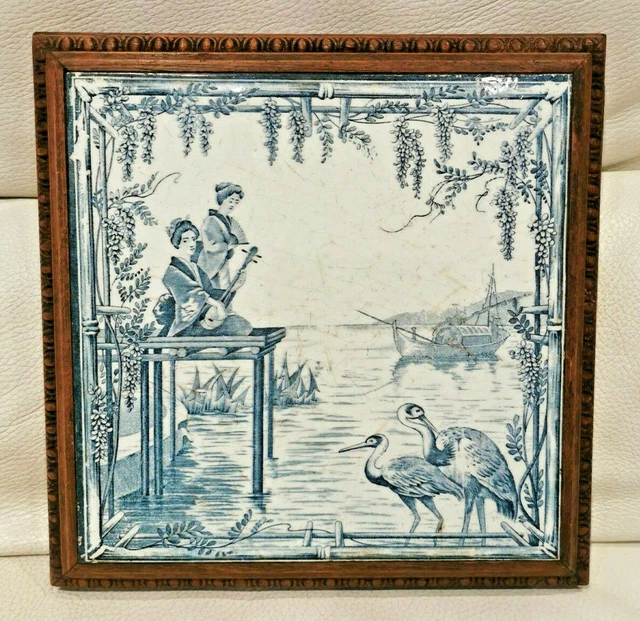 Magnifique DESSOUS DE PLAT ancien carreau faïence fin 19è début 20è décor japon