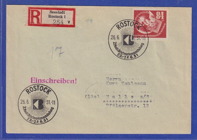DDR 1951 Mi.-Nr. 272 Block-Einzelmarke als EF auf R-Brief mit So.-O Rostock