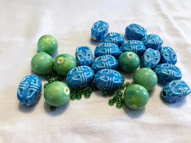 Vintage Lot of Blue and Green Ceramic Beads