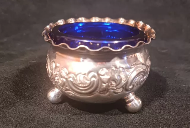 Harry Atkin Sterling Silver Footed  Salt Cellar With Cobalt Glass Insert