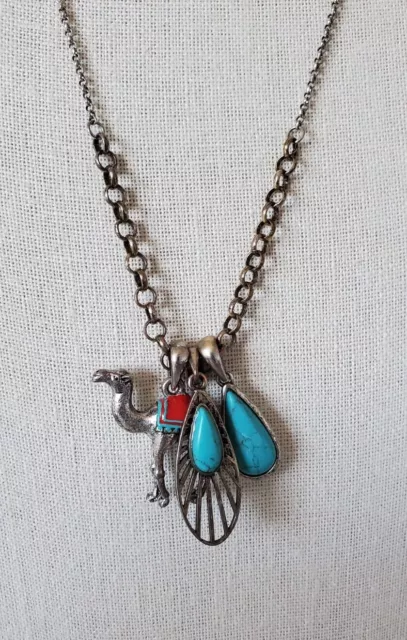 Lucky Brand Silver Tone Camel Faux Turquoise Multi Pendant Necklace