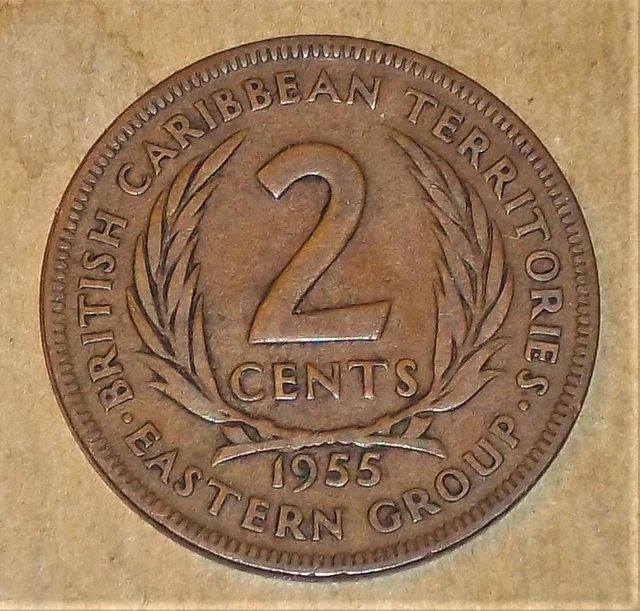 1955 British Caribbean Territories Eastern Group 2 Cent Coin, Queen Elizabeth Ii