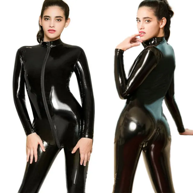 Women Wetlook 2-Way Zipper Latex Nightclub Catsuit Bodysuit PVC Leather Jumpsuit