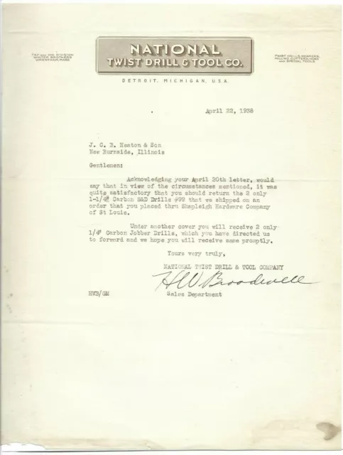 National Twist Drill & Tool Company, 1938 Letterhead, Detroit Michigan