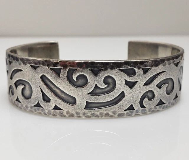 Lois Hill Sterling Silver Scroll Swirl Wide Heavy Gauge Cuff Bracelet 7.5"