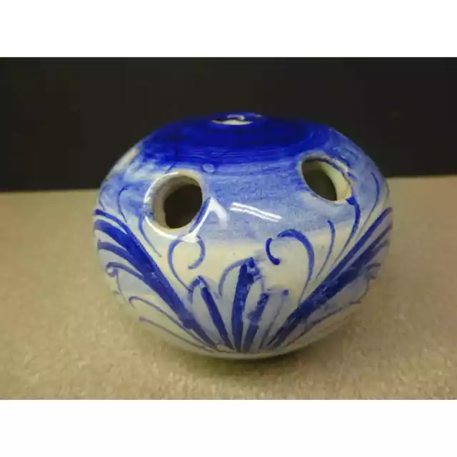 Vintage Blue & White Flower Frog Made in Italy Signed 2 1/2" Tall 7 Holes