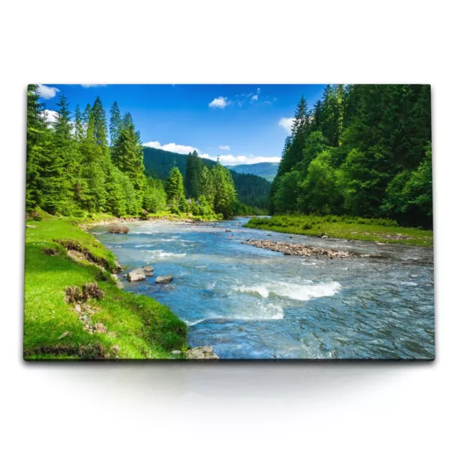 120x80cm Wandbild auf Leinwand Fluss Alpen Bergfluss Wildfluss Natur Bäume Grün