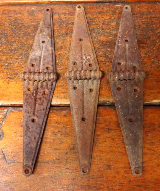 3) Antique Vintage Barn Door Shed Cabin Strap Salvaged Hinges Rusty Patina 16”