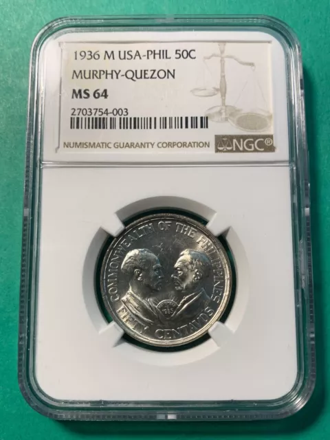 Us Philippines 50 Centavos 1936-M Murphy Quezon Commemorative Ngc Ms 64