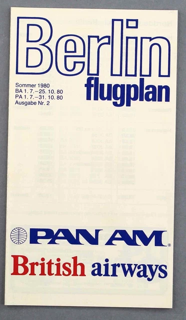 Pan Am British Airways Berlin Airline Timetable Summer 1980 Germany Flugplan Ba