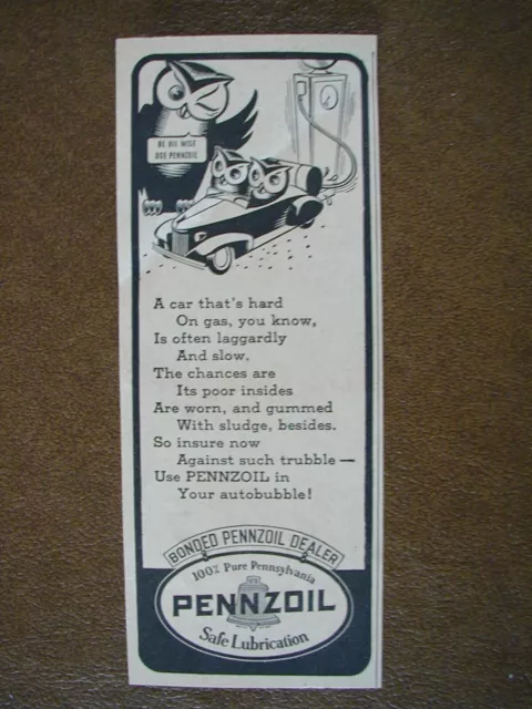 1937 Pennzoil Pennsylvania Motor Oil Wise Owls 2.5x6.25 Vintage Print Ad L061