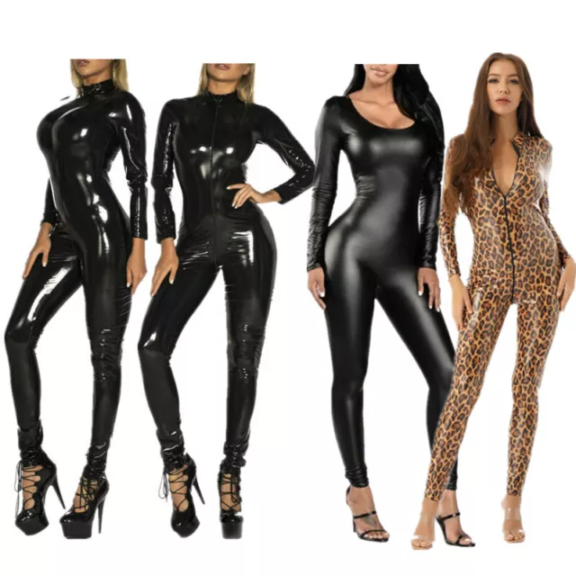 Damen Sexy Leather Bodysuit Wetlook Einteiler Catsuit Leotard Jumpsuit Clubwear